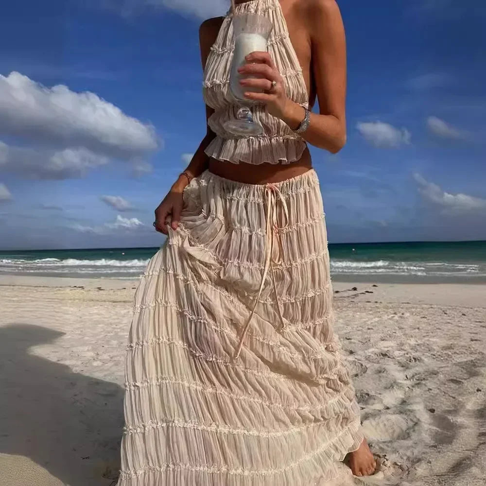 Summer New Sexy Halter Neck Pleated Lace Vest Dress Set for Women