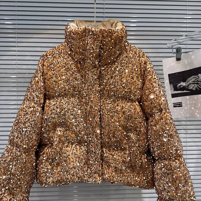 DEAT 2025 Winter New Fashion Heavy Industry Colorful Sequin Stand Collar Warm Jacket For Women Cotton-padded Coat 11A07258