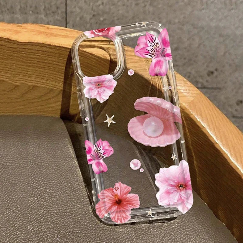 Pink Tropical Flower Starfish Shell Patterns Airbag Phone Case For iPhone 17 16 15 14 13 12 11 Pro Max XS XR 7 8 Plus 16E Cover