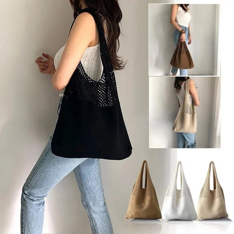 Retro Knitted Handbag | Crochet | Women's Tote Bag | Black White Khaki