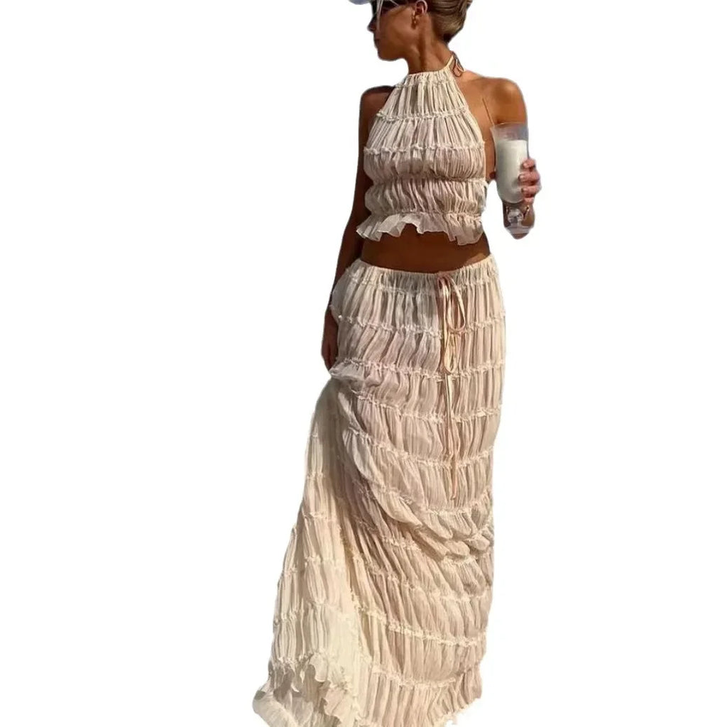 Summer New Sexy Halter Neck Pleated Lace Vest Dress Set for Women