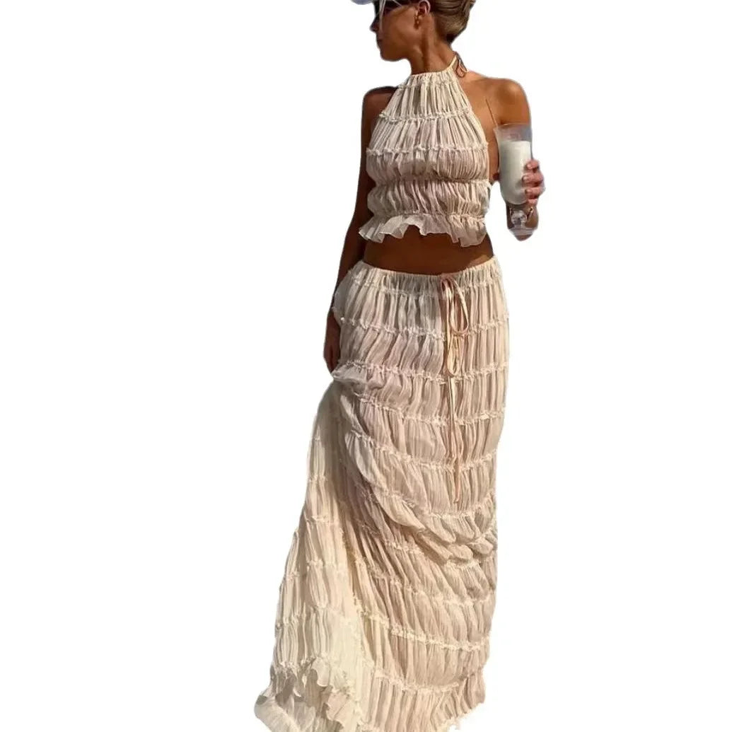 Summer New Sexy Halter Neck Pleated Lace Vest Dress Set for Women