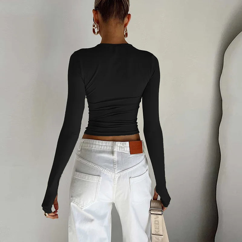 Moda Kadın Tişört Uzun Kollu Bisiklet Yaka Düz Renk Dar Kesim Bayan Crop Top Günlük Sokak Giyimi Yazlık Atlet Başparmak Delikli