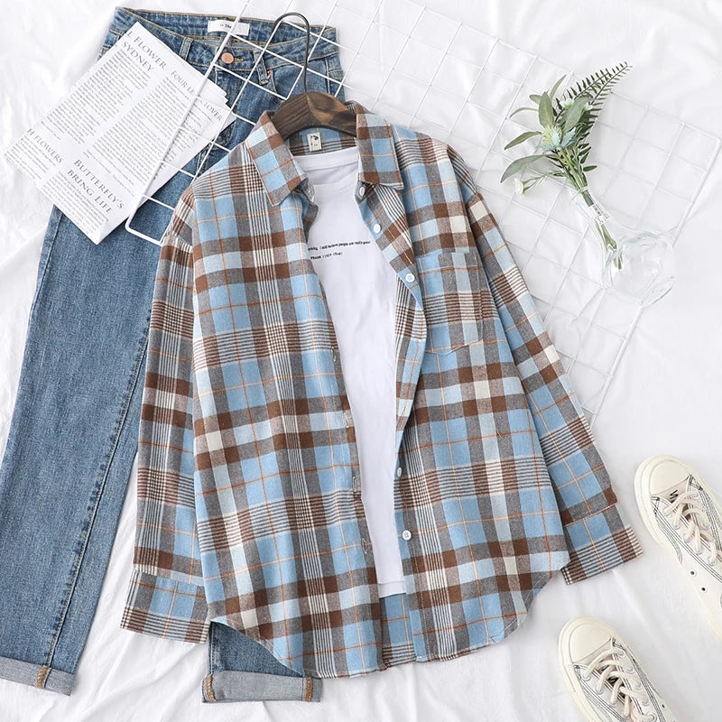 Fresh Flannel Plaid Shirt Women 2026 New Female Blouses and Tops Cotton Loose Long Sleeve Casual Shirts Fine Women's Clothes