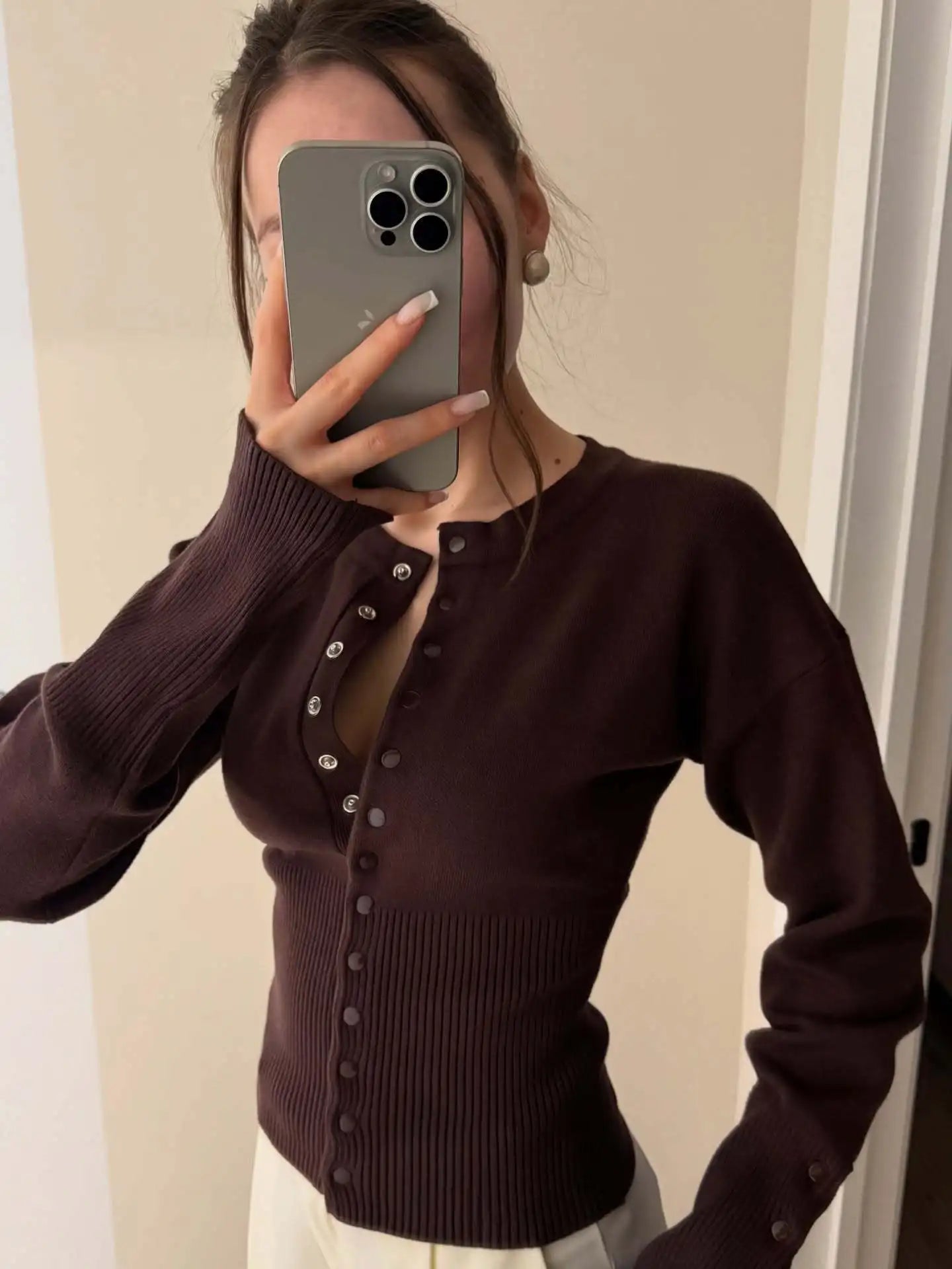 Women Knitted Cardigan Sweaters Solid Short Jumpers Round Neck Long Sleeves Single Breasted Empire Waist Slim 2026 Autumn Winter