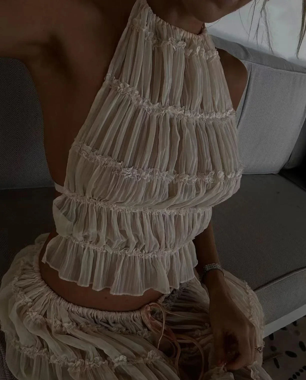 Summer New Sexy Halter Neck Pleated Lace Vest Dress Set for Women