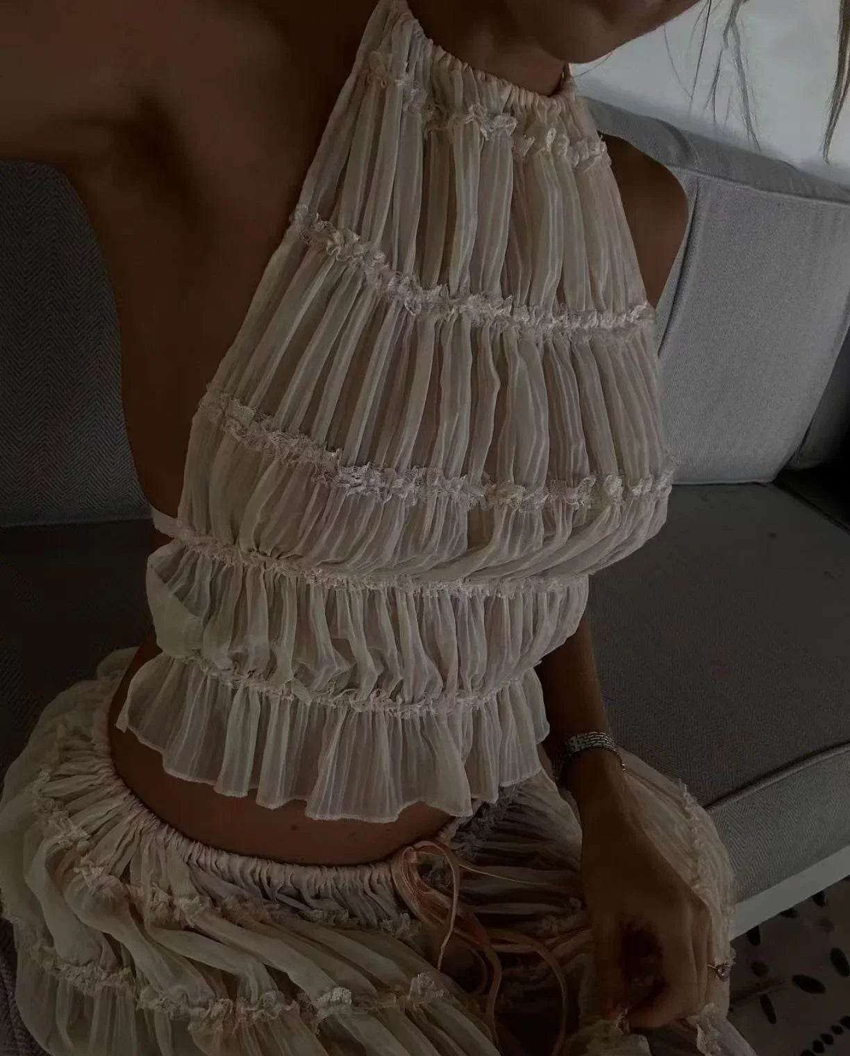 Summer New Sexy Halter Neck Pleated Lace Vest Dress Set for Women