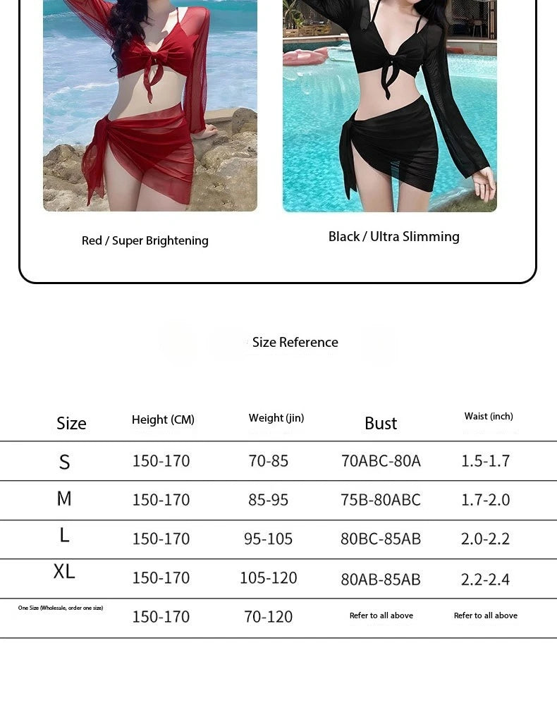 2026 New Women's Big Red Whitening Pure Desire Sexy Bikini Four Piece Set Long Sleeve Sunscreen Hot Girl Swimsuit