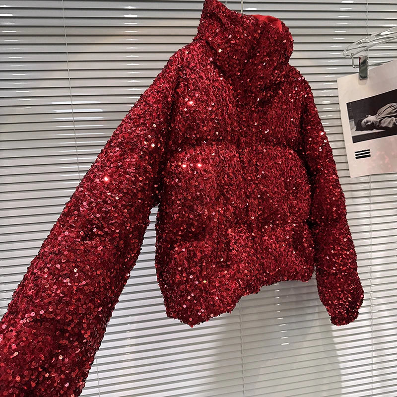 DEAT 2025 Winter New Fashion Heavy Industry Colorful Sequin Stand Collar Warm Jacket For Women Cotton-padded Coat 11A07258