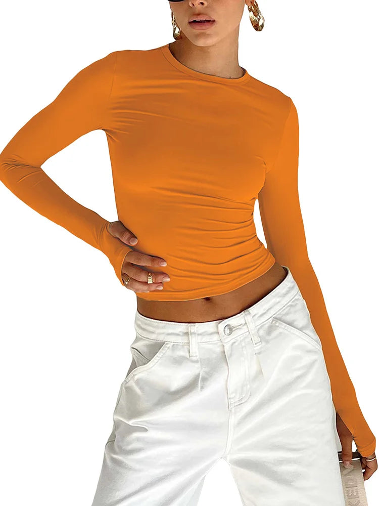 Moda Kadın Tişört Uzun Kollu Bisiklet Yaka Düz Renk Dar Kesim Bayan Crop Top Günlük Sokak Giyimi Yazlık Atlet Başparmak Delikli