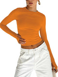 Moda Kadın Tişört Uzun Kollu Bisiklet Yaka Düz Renk Dar Kesim Bayan Crop Top Günlük Sokak Giyimi Yazlık Atlet Başparmak Delikli