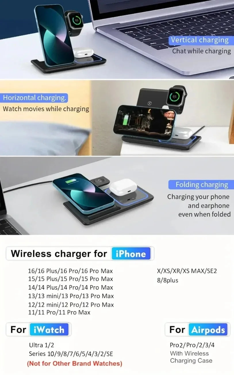 3'ü 1 Arada 30W Katlanabilir Kablosuz Şarj İstasyonu | iPhone & iWatch & AirPods Uyumlu