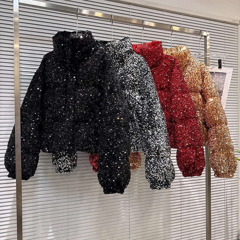 DEAT 2025 Winter New Fashion Heavy Industry Colorful Sequin Stand Collar Warm Jacket For Women Cotton-padded Coat 11A07258
