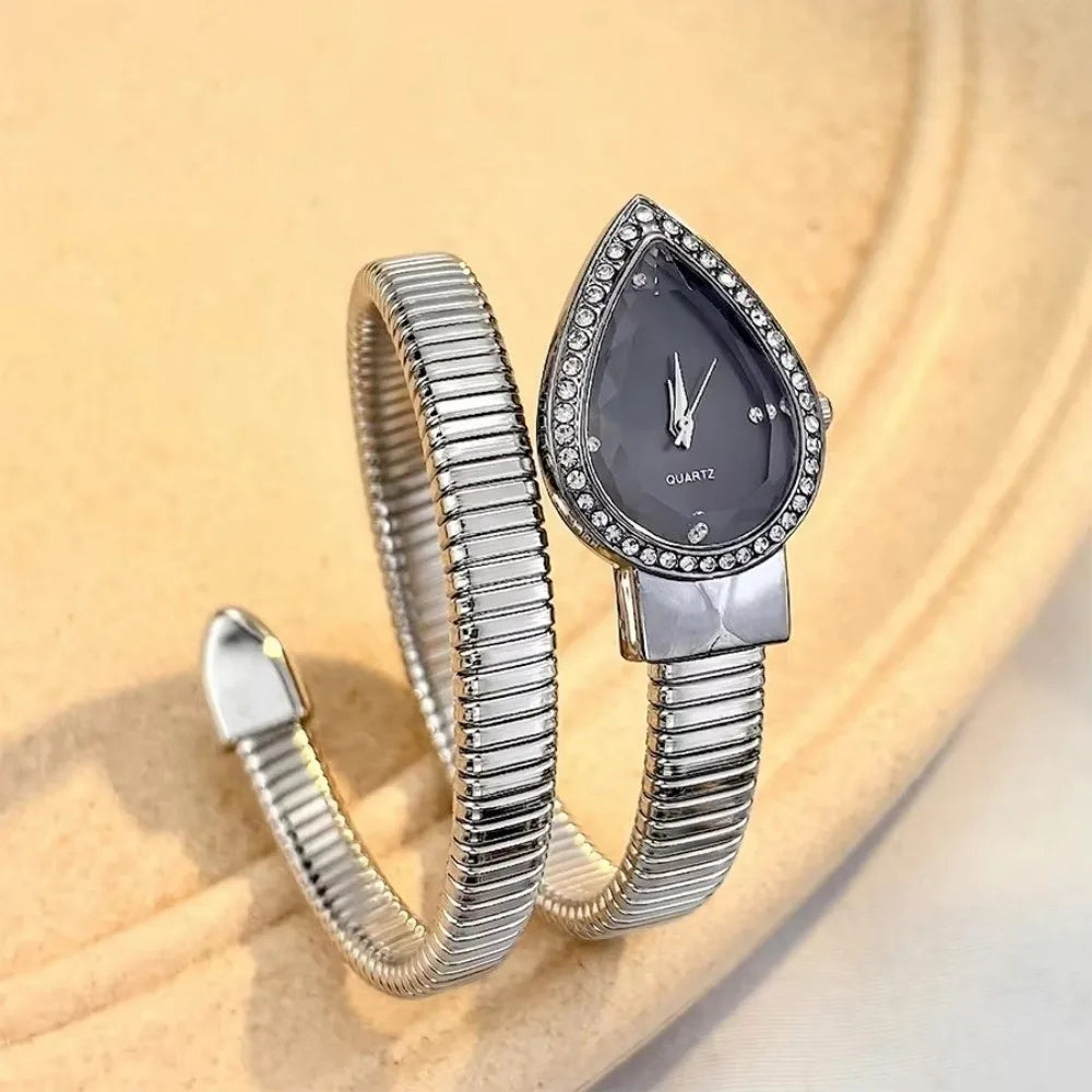 New Water Drop Headed Quartz Watch Stainless Steel Strap Elegant Wristwatch Bracelet Snake-shaped Band Watch Women's Watch