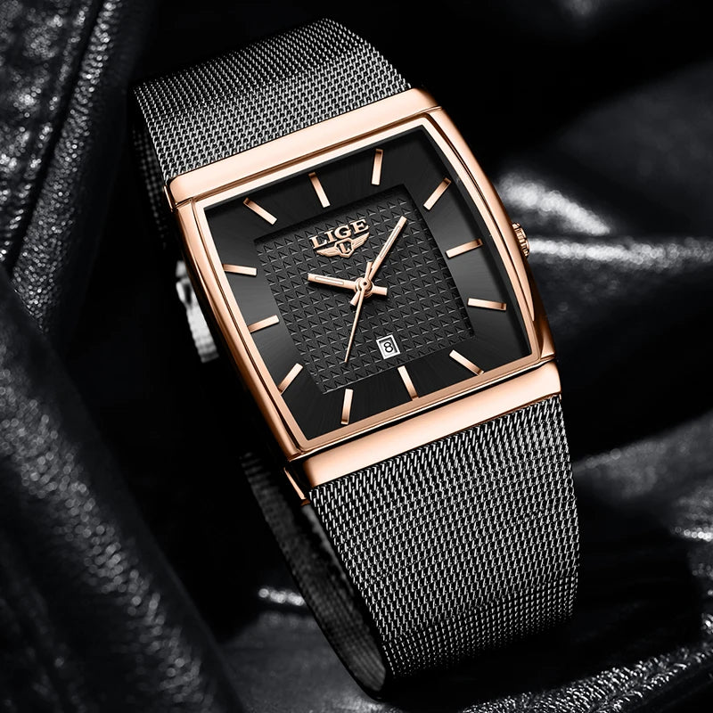 LIGE New Luxury Square Watch For Men Fashion Business Rose Gold Ultra Thin Mesh Waterproof Luminous Men's Quartz Wristwatches