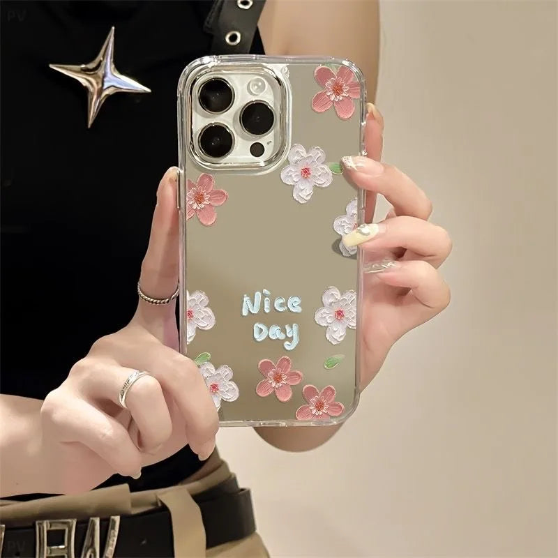 Red Flower Make Up Mirror Phone Case For IPhone 17 17Air 16 15 14 13 12 11 Pro Max XR X XS 7 8 Plus Bumber Cover Case Funda