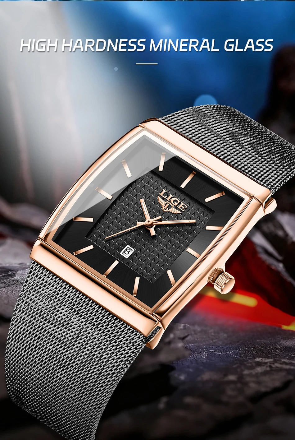 LIGE New Luxury Square Watch For Men Fashion Business Rose Gold Ultra Thin Mesh Waterproof Luminous Men's Quartz Wristwatches