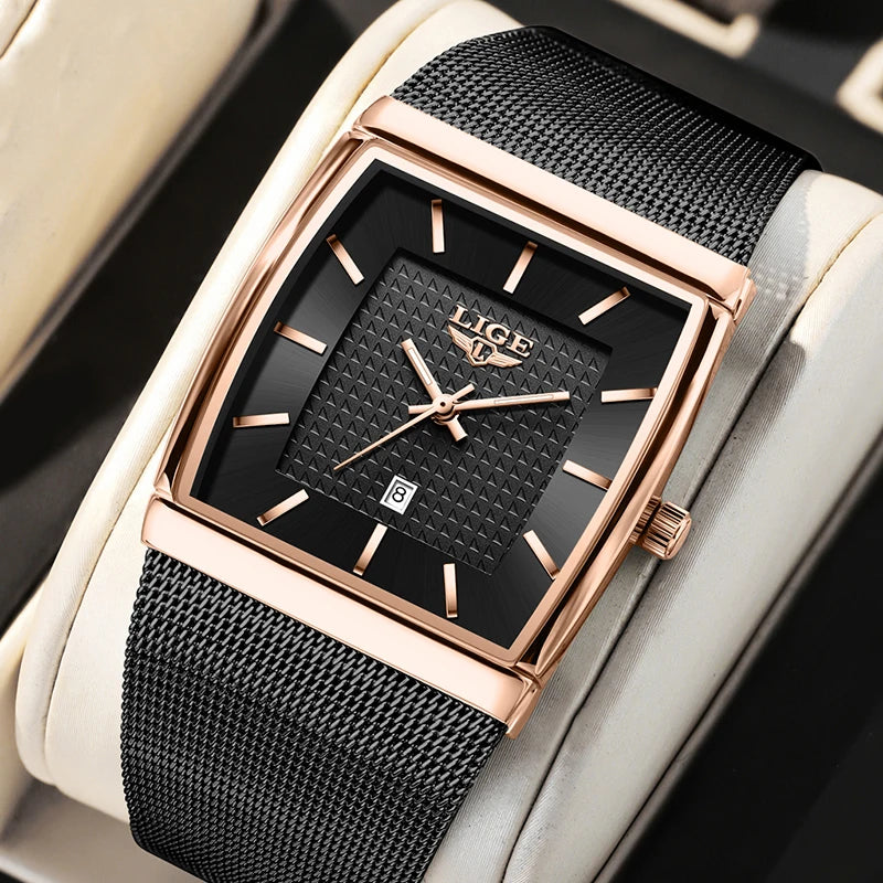 LIGE New Luxury Square Watch For Men Fashion Business Rose Gold Ultra Thin Mesh Waterproof Luminous Men's Quartz Wristwatches