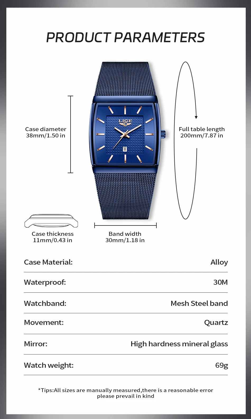 LIGE Top Luxury Watch For Men Stainless Steel Mesh Date Waterproof Luminous Man Wristwatch Casual Rectangle Quartz Men's Watches