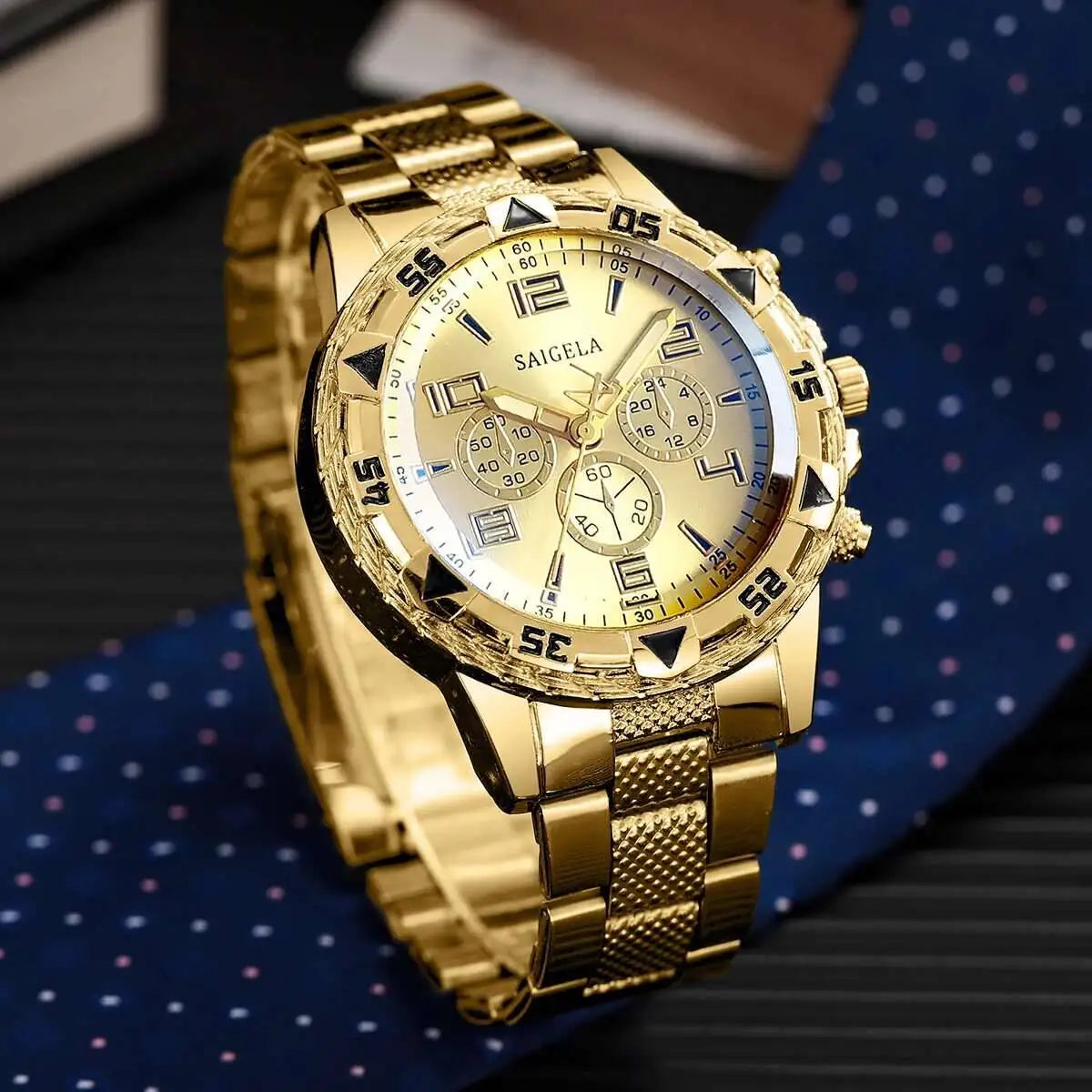 3PCS/Set Fashion Large Dial Men's Quartz Watch Luxury Men Business Watches Necklace Bracelet Set Relogio Masculino（Without Box）
