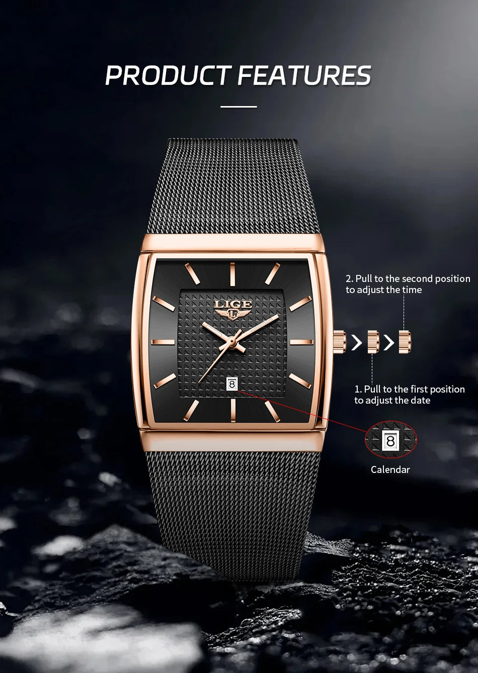 LIGE New Luxury Square Watch For Men Fashion Business Rose Gold Ultra Thin Mesh Waterproof Luminous Men's Quartz Wristwatches