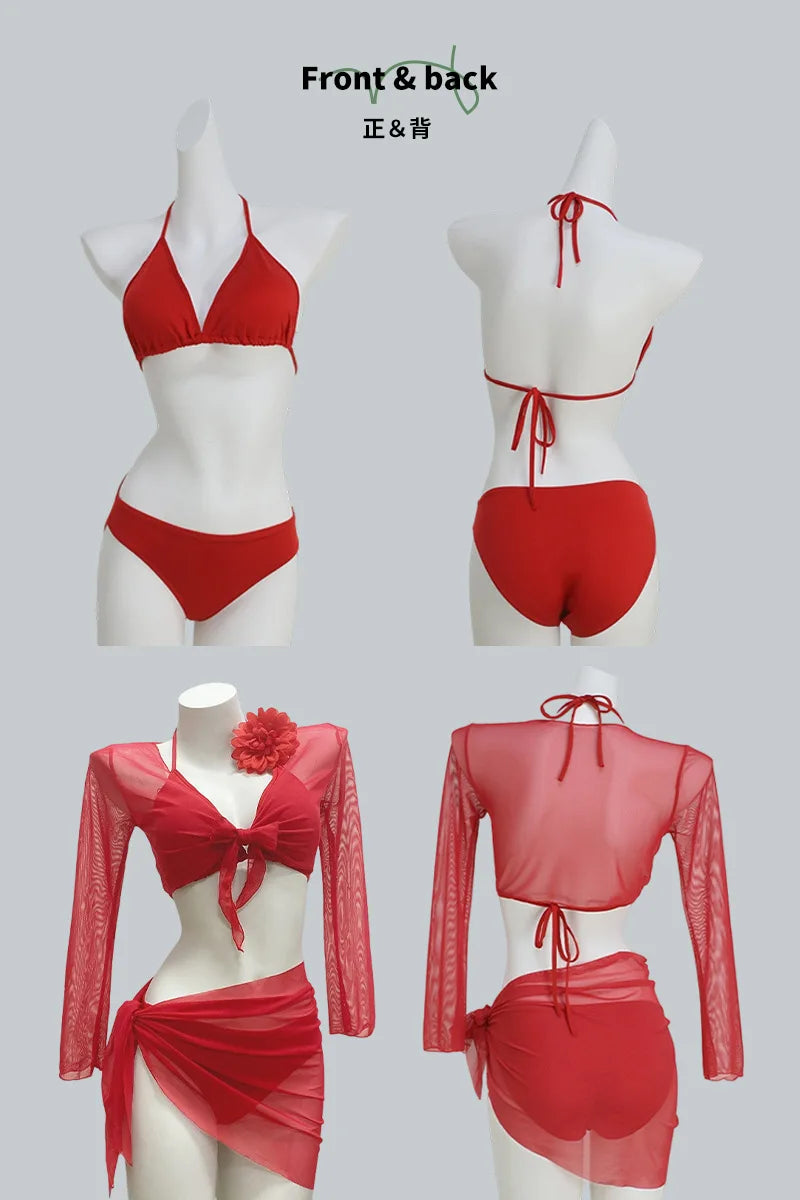 2026 New Women's Big Red Whitening Pure Desire Sexy Bikini Four Piece Set Long Sleeve Sunscreen Hot Girl Swimsuit