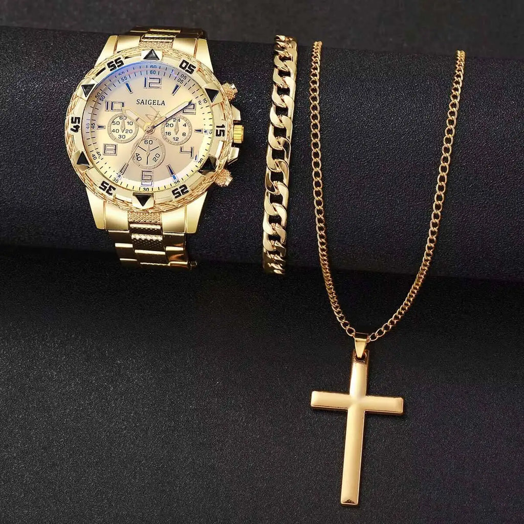 3PCS/Set Fashion Large Dial Men's Quartz Watch Luxury Men Business Watches Necklace Bracelet Set Relogio Masculino（Without Box）
