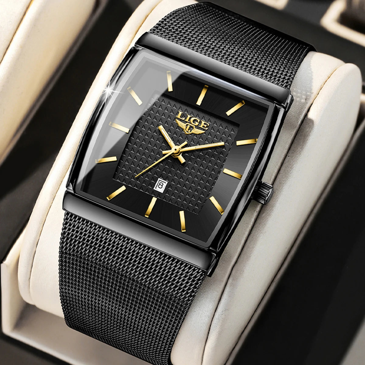 LIGE New Luxury Square Watch For Men Fashion Business Rose Gold Ultra Thin Mesh Waterproof Luminous Men's Quartz Wristwatches