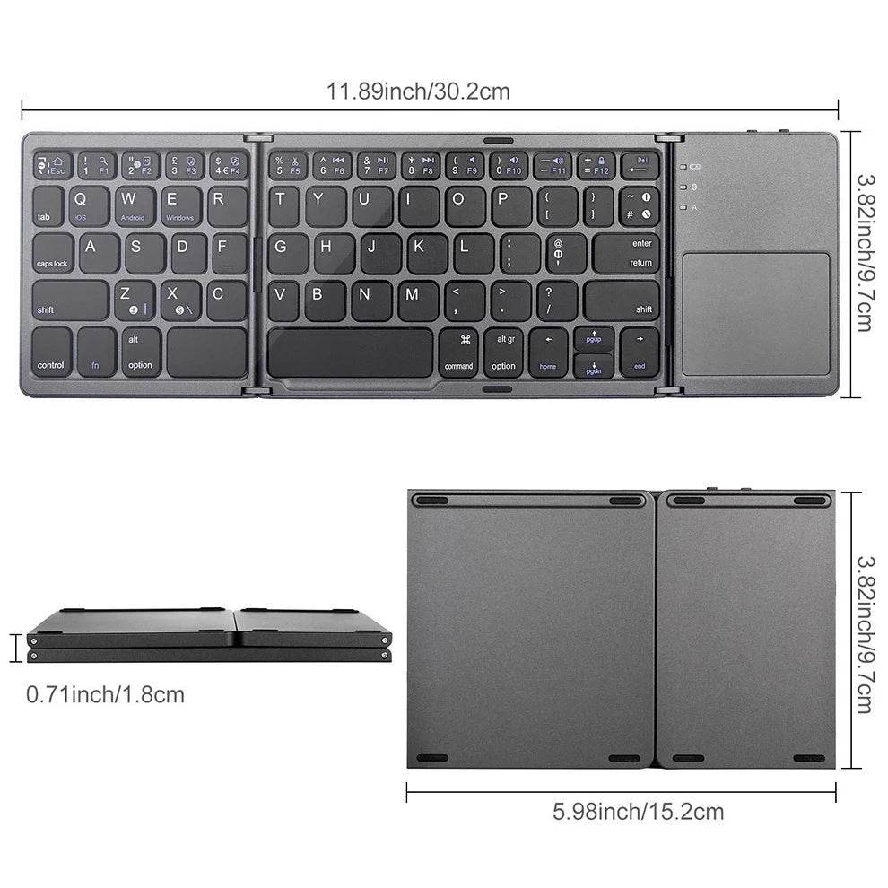 Triple Folding Wireless Keyboard Slim Touchpad Bluetooth Keyboard Rechargeable Foldable Keyboard for Tablet Laptop