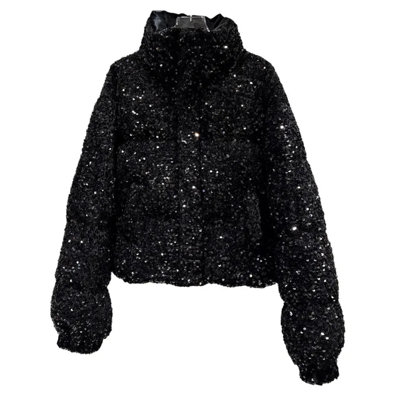 DEAT 2025 Winter New Fashion Heavy Industry Colorful Sequin Stand Collar Warm Jacket For Women Cotton-padded Coat 11A07258
