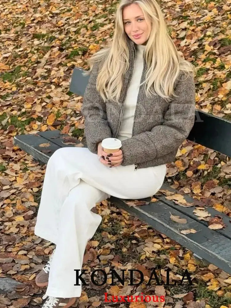 KONDALA Casual Knit Padded Coats Long Sleeve Zipper Pockets Thick Warm Jackets Fashion 2025 Autumn Winter Streetwear Outwears