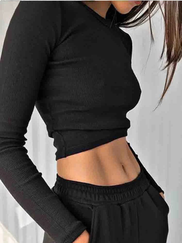 O Yaka Uzun Kollu Tişört Kadın Fitilli Seksi Crop Top 202Ş İlkbahar Siyah Günlük Dar Kesim Temel Kadın Tişört Beyaz