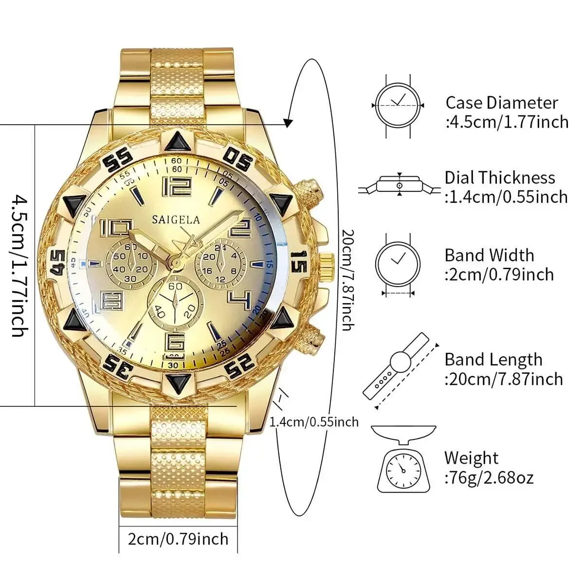 3PCS/Set Fashion Large Dial Men's Quartz Watch Luxury Men Business Watches Necklace Bracelet Set Relogio Masculino（Without Box）