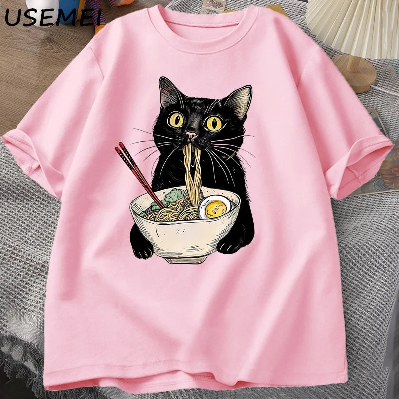 Noodle Lamian Noodles Cat T-shirt Food Lover T-shirt Black Cat Noodle Printed Men's and Women's T-shirt Vintage Casual T-shirt