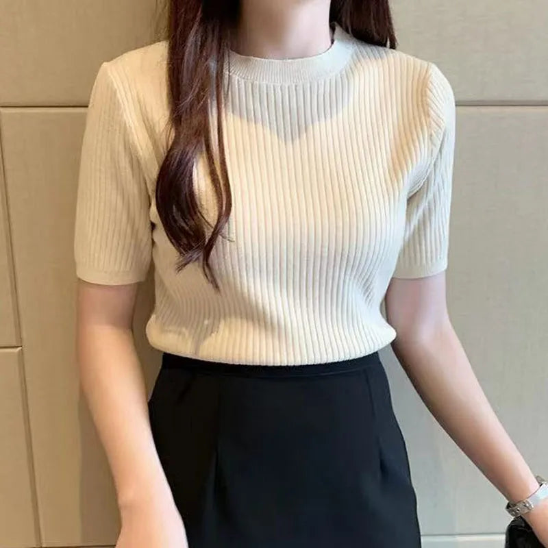 Knitted Sweater Women Pullovers New Black Short Sleeve Sueters De Mujer Knit Sweater Pullover Women Tops O-Neck Knitwears Q3426