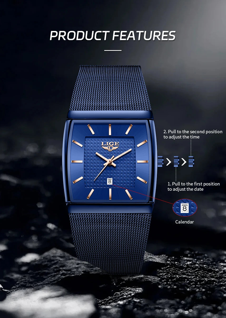LIGE Top Luxury Watch For Men Stainless Steel Mesh Date Waterproof Luminous Man Wristwatch Casual Rectangle Quartz Men's Watches
