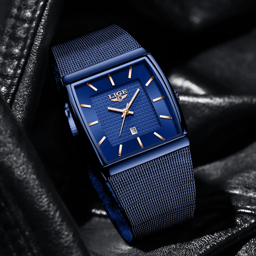 LIGE Top Luxury Watch For Men Stainless Steel Mesh Date Waterproof Luminous Man Wristwatch Casual Rectangle Quartz Men's Watches