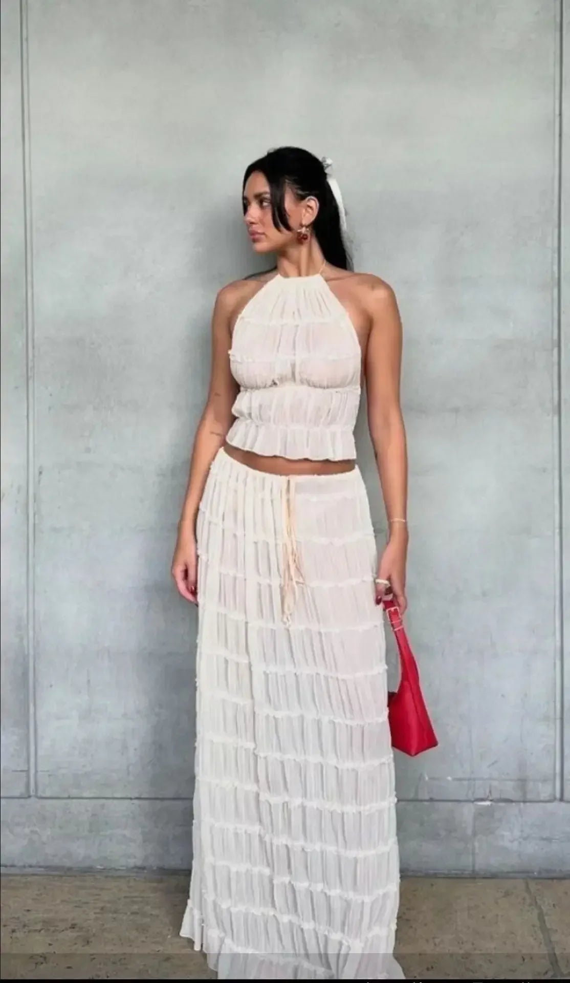 Summer New Sexy Halter Neck Pleated Lace Vest Dress Set for Women