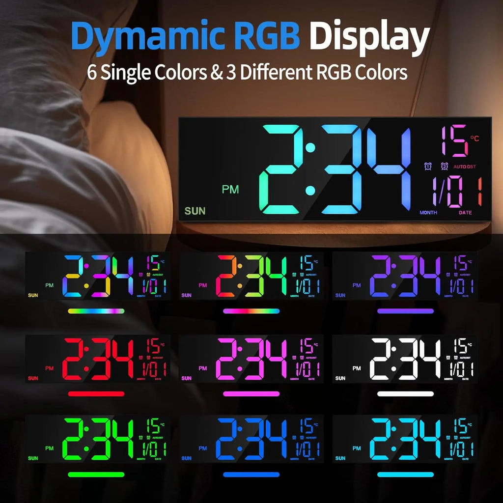 Büyük Dijital Duvar Saati | LED Ekran | Uzaktan Kumandalı | 8 RGB Renk | Çift Alarm