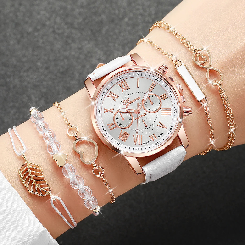 Surprise Mystery Watch Set Blind Box- 6PCS Fashion Women Watches Bracelets Set Casual Leather Band Wristwatches（Without Box）