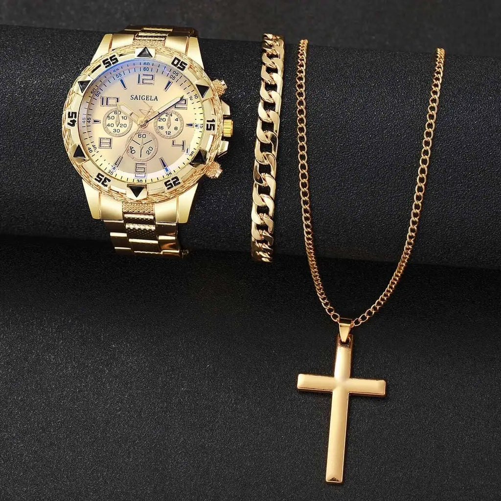 3PCS/Set Fashion Large Dial Men's Quartz Watch Luxury Men Business Watches Necklace Bracelet Set Relogio Masculino（Without Box）