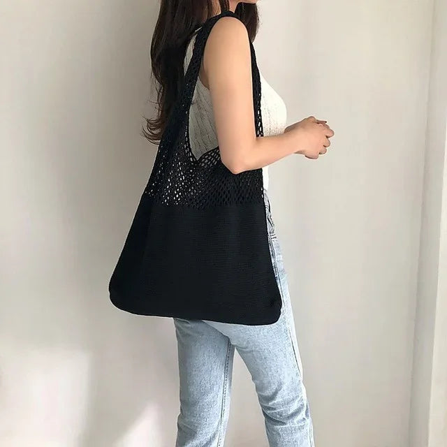 Retro Knitted Handbag | Crochet | Women's Tote Bag | Black White Khaki