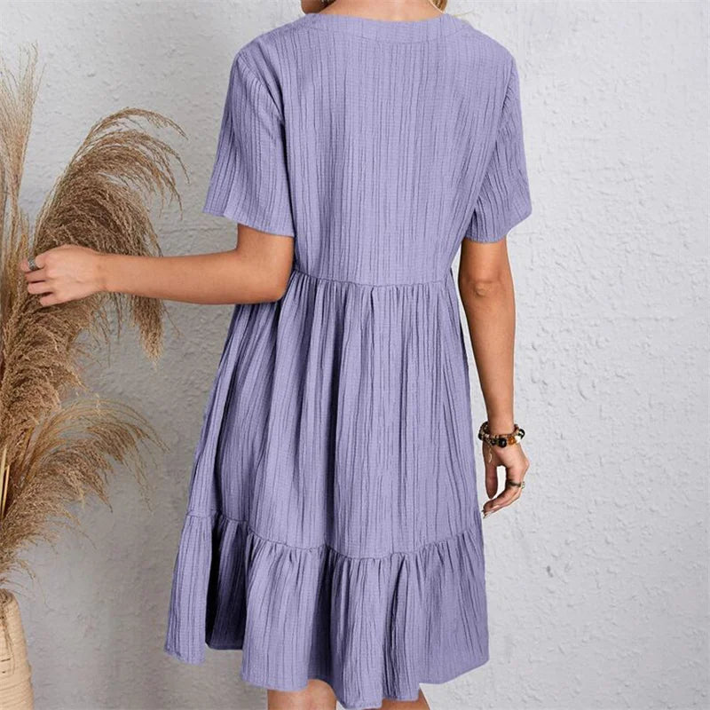 Women Vintage Mini Dresses Summer Solid Casual V Neck Ruffles Dress Ladies Boho Loose Beach Party Elegant Dress Vestidos DF4912
