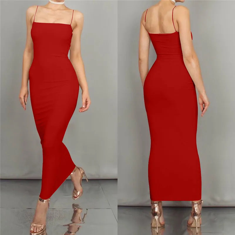 Seksi Sırt Açık Askılı Bodycon Maxi Parti Elbisesi - Y2K Vintage Siyah
