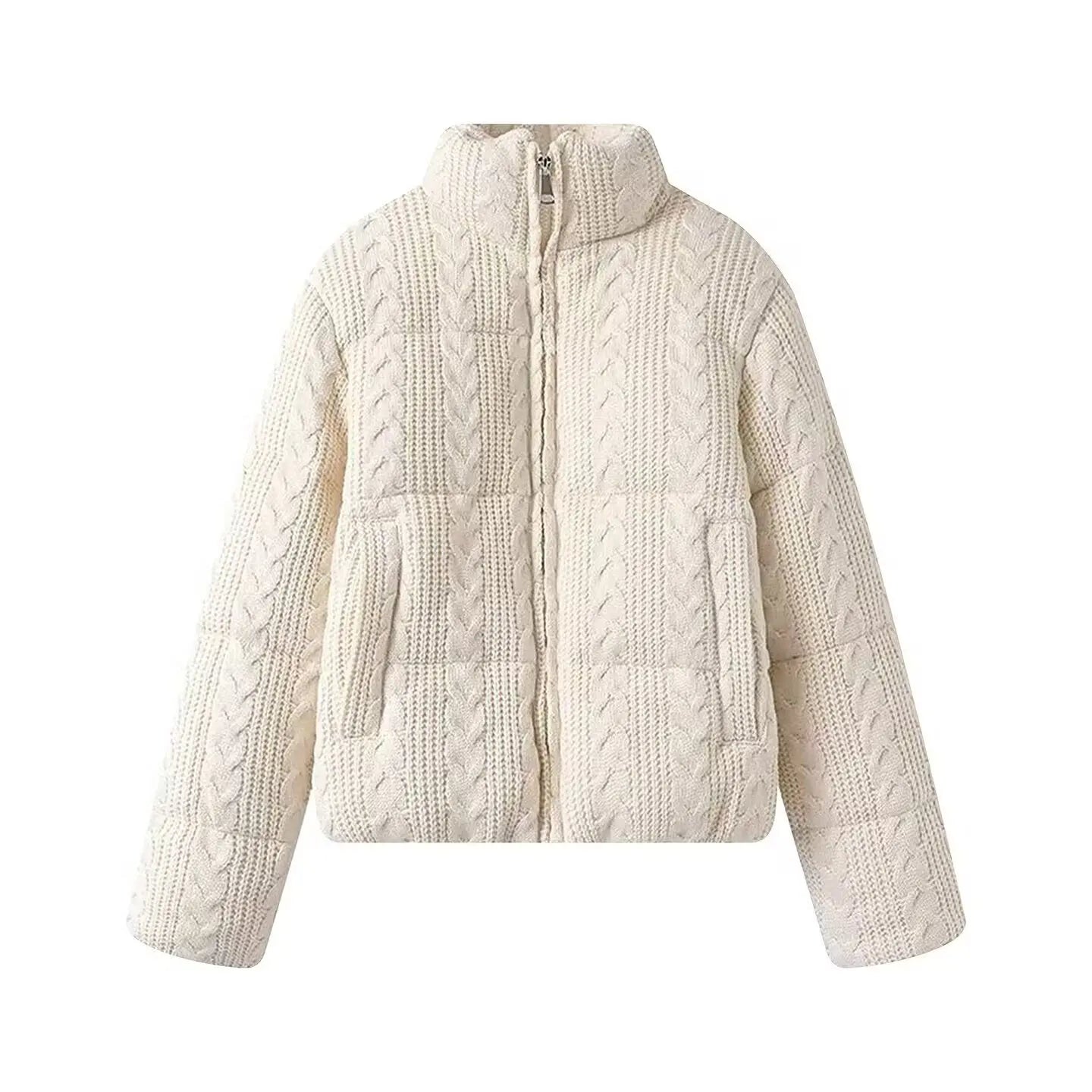 KONDALA Casual Knit Padded Coats Long Sleeve Zipper Pockets Thick Warm Jackets Fashion 2025 Autumn Winter Streetwear Outwears