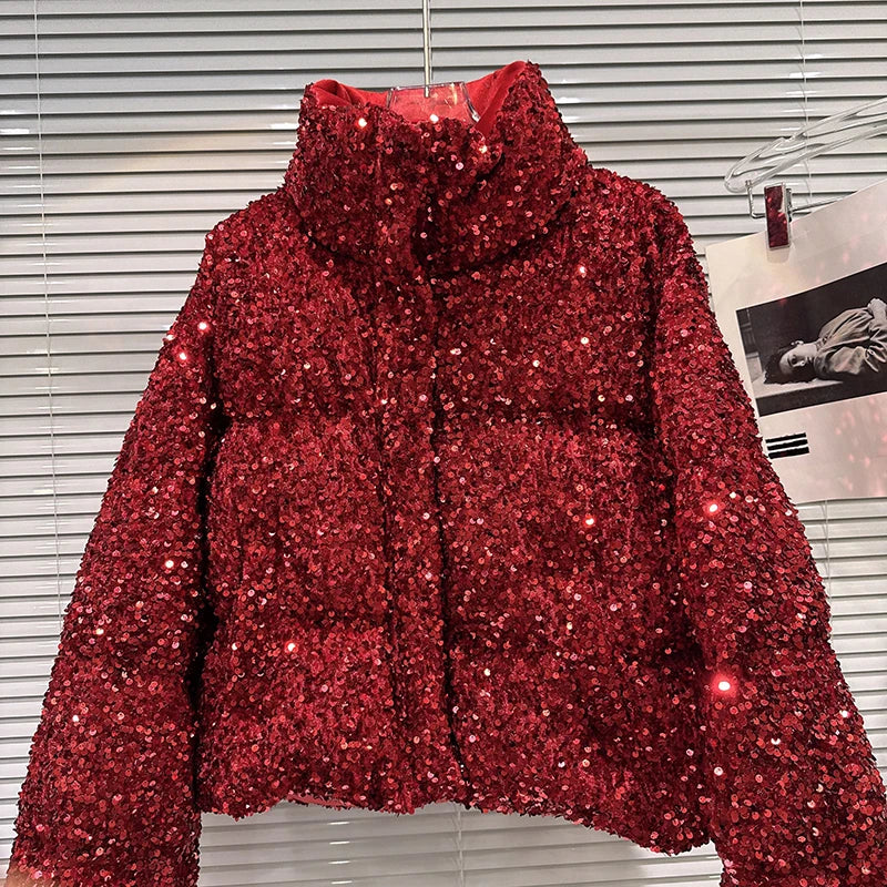 DEAT 2025 Winter New Fashion Heavy Industry Colorful Sequin Stand Collar Warm Jacket For Women Cotton-padded Coat 11A07258