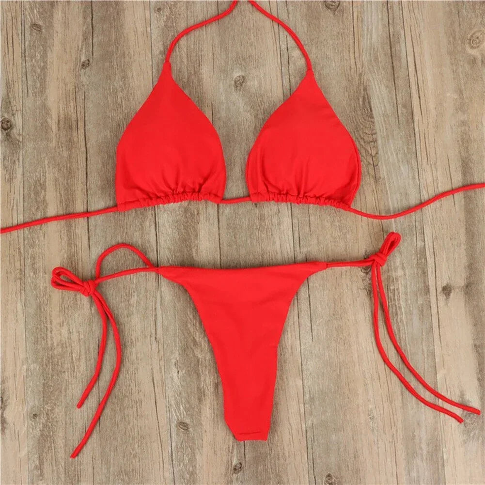 Solid Color Hanging Neck Style Lace-Up Bikini Women's Sexy Split Binding Triangle Beach Swimsuit No Steel Bracket No Chest Pad