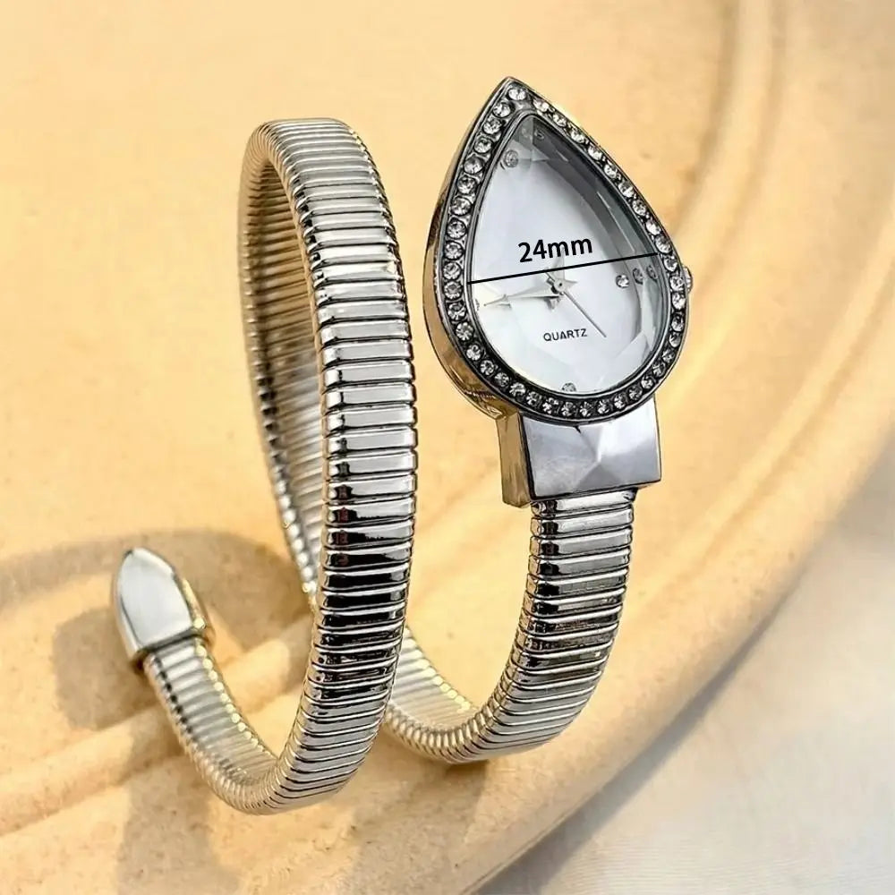 New Water Drop Headed Quartz Watch Stainless Steel Strap Elegant Wristwatch Bracelet Snake-shaped Band Watch Women's Watch