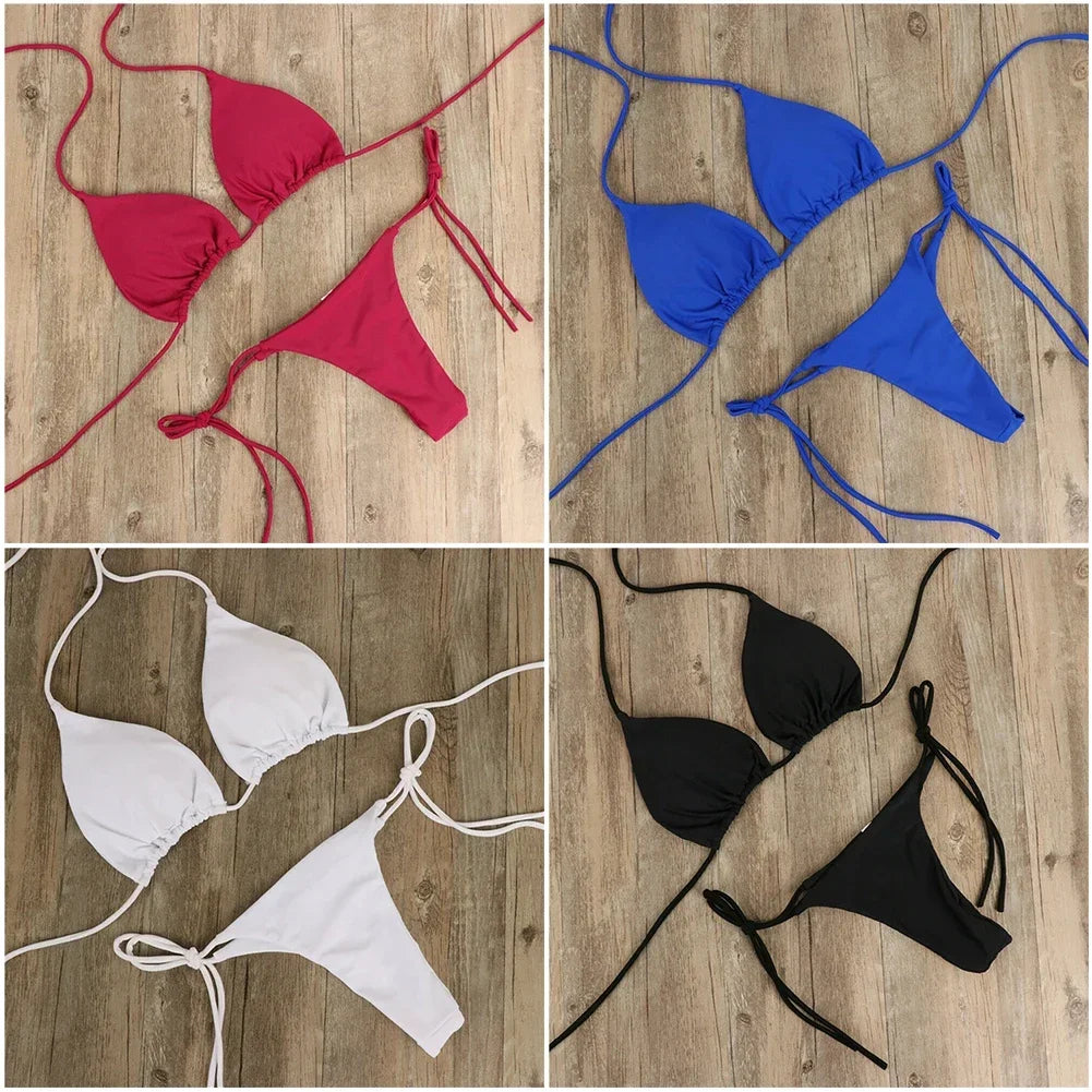 Solid Color Hanging Neck Style Lace-Up Bikini Women's Sexy Split Binding Triangle Beach Swimsuit No Steel Bracket No Chest Pad
