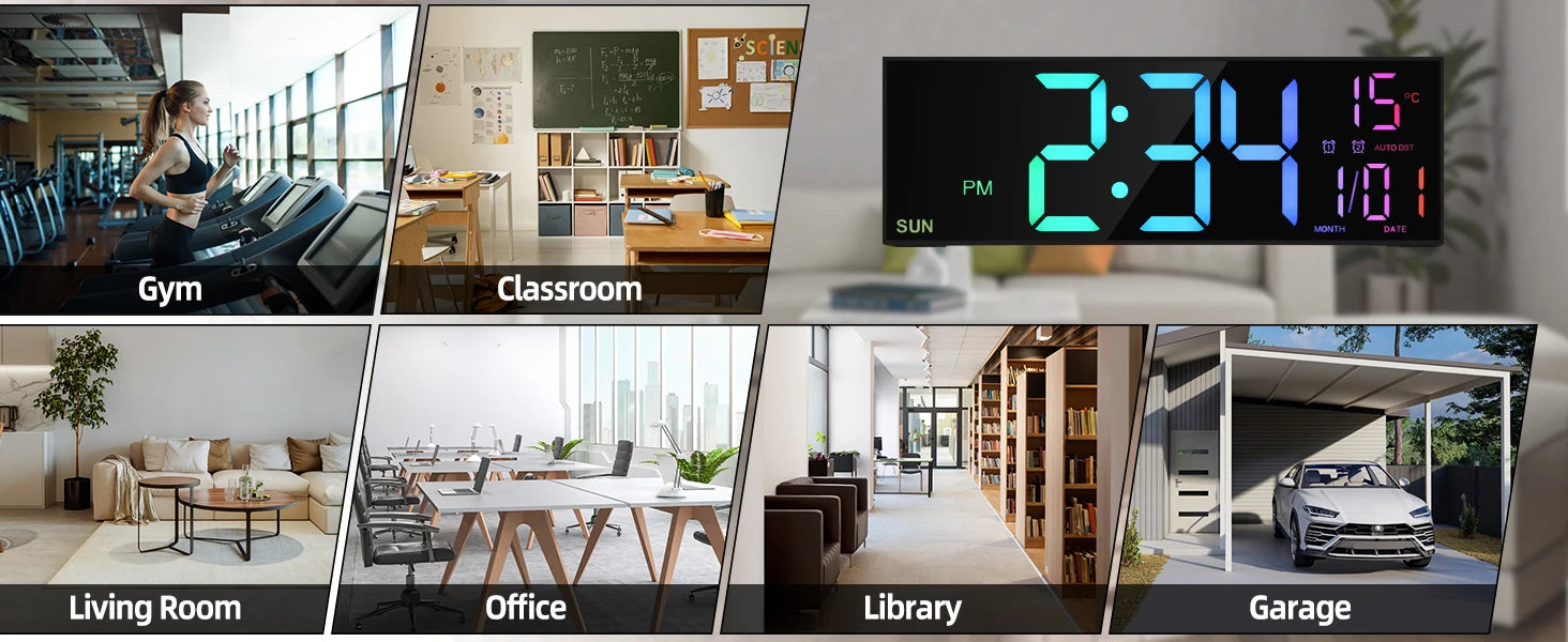 Büyük Dijital Duvar Saati | LED Ekran | Uzaktan Kumandalı | 8 RGB Renk | Çift Alarm